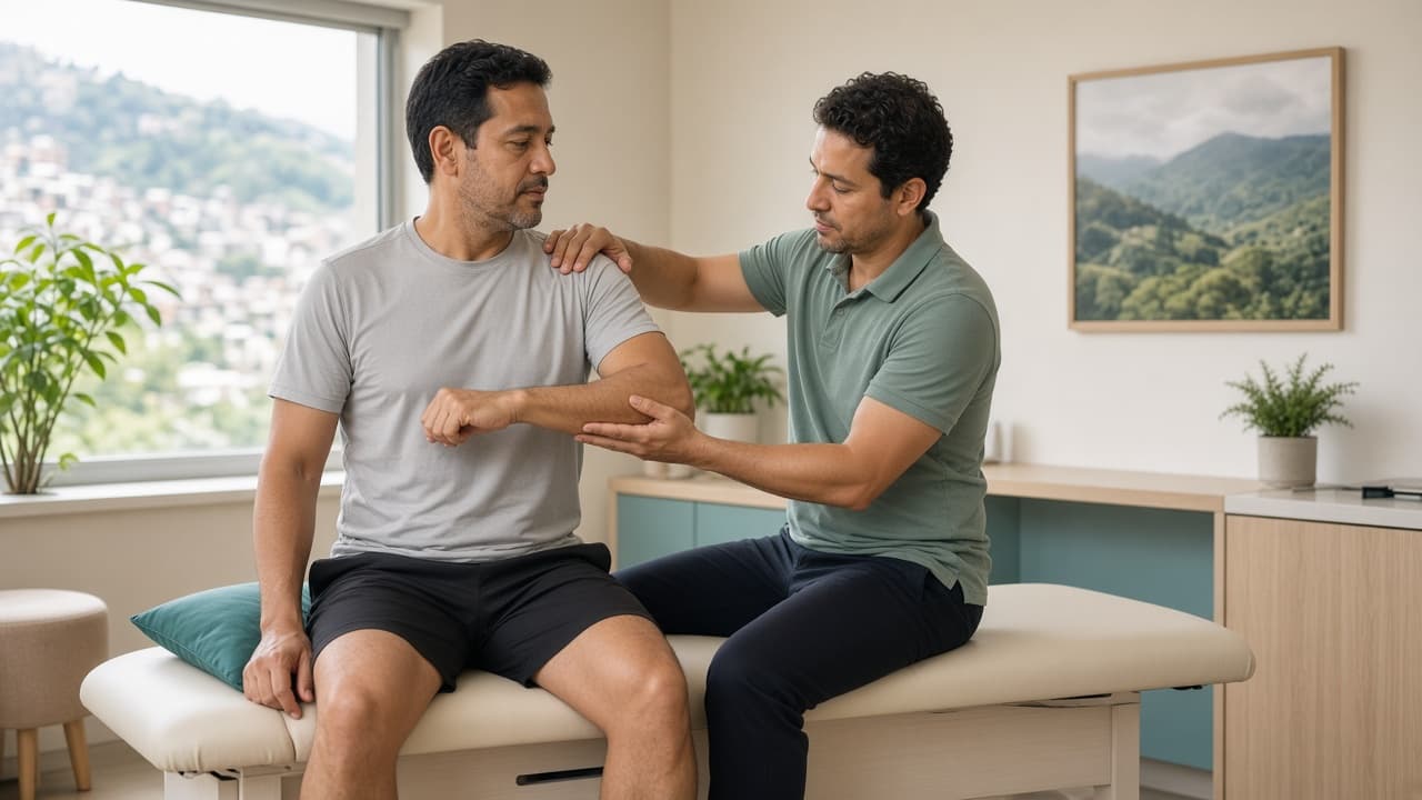 Professional physiotherapy assessment in a bright Medellín clinic